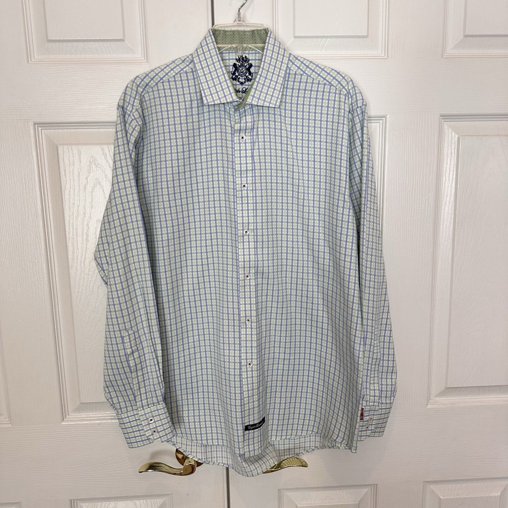 English Laundry Blue White Green Dress Shirt 16 1/2 34 - 35 Embroidered Logo LG - Picture 2 of 16